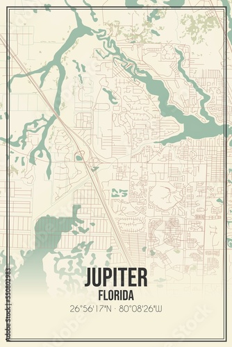 Retro US city map of Jupiter  Florida. Vintage street map.