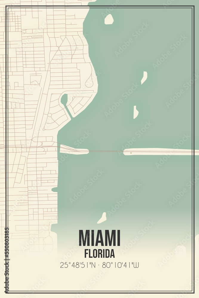 Retro US city map of Miami, Florida. Vintage street map.