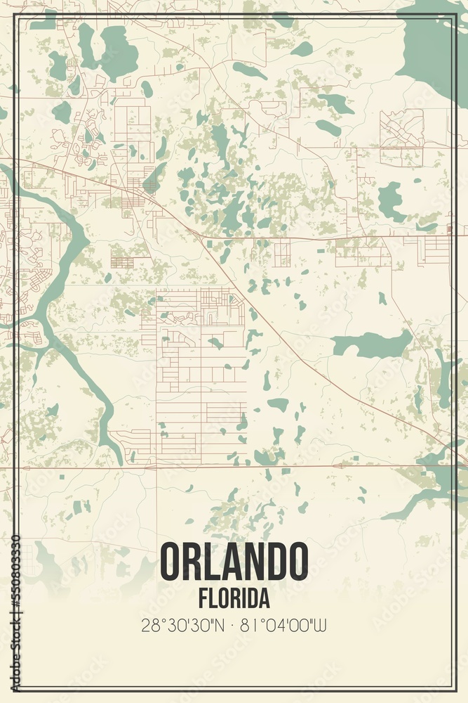 Retro US city map of Orlando, Florida. Vintage street map.