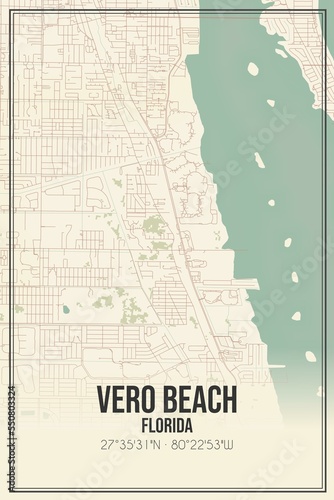 Retro US city map of Vero Beach  Florida. Vintage street map.