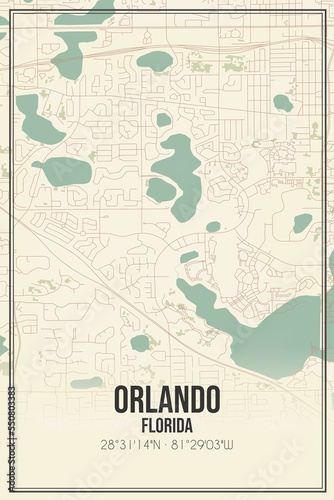 Retro US city map of Orlando  Florida. Vintage street map.