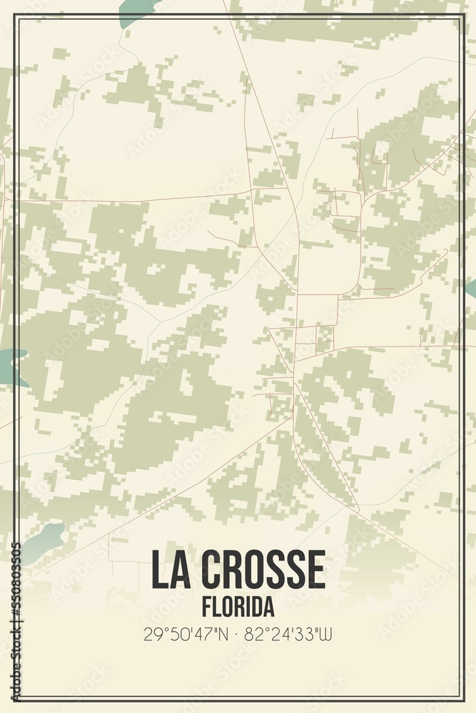 Retro US city map of La Crosse, Florida. Vintage street map.