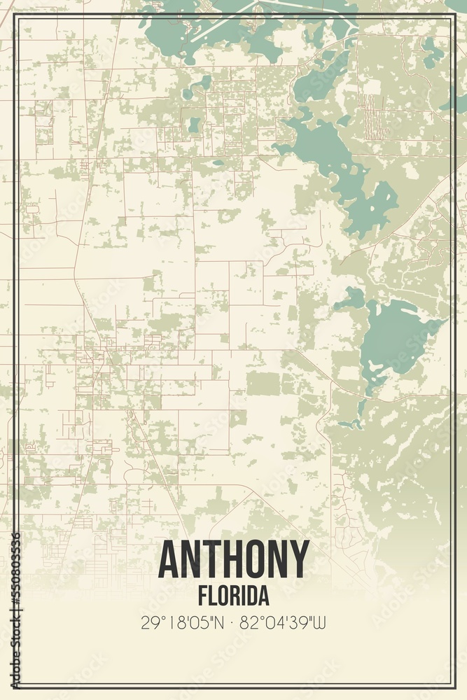 Retro US city map of Anthony, Florida. Vintage street map.