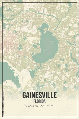 Retro US city map of Gainesville, Florida. Vintage street map.