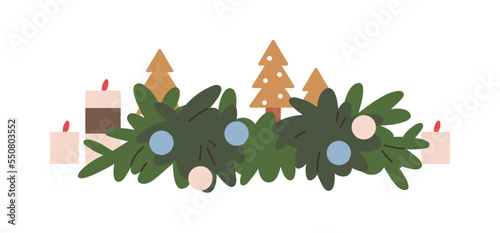 Christmas decoration, ornament with fir branch, baubles and candles. Xmas holiday decor, winter adornment. Festive decorative composition. Flat vector illustration isolated on white background