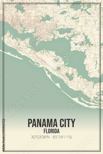 Retro US city map of Panama City, Florida. Vintage street map. photo