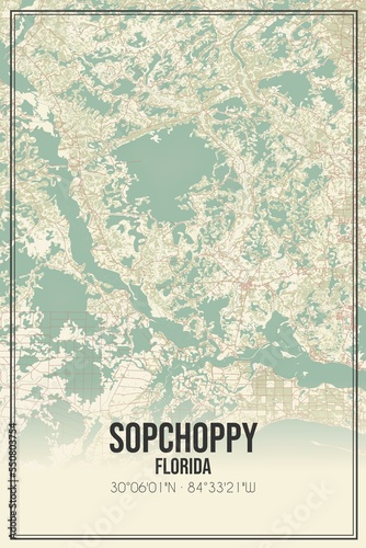 Retro US city map of Sopchoppy, Florida. Vintage street map. photo