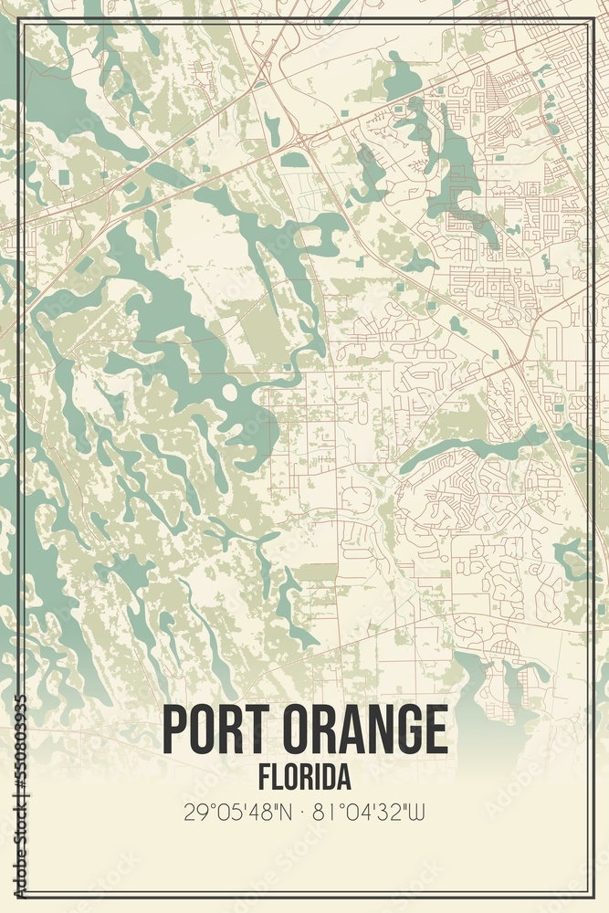 Retro US city map of Port Orange, Florida. Vintage street map.