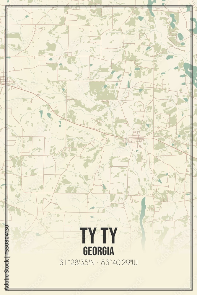 Retro US city map of Ty Ty, Georgia. Vintage street map.