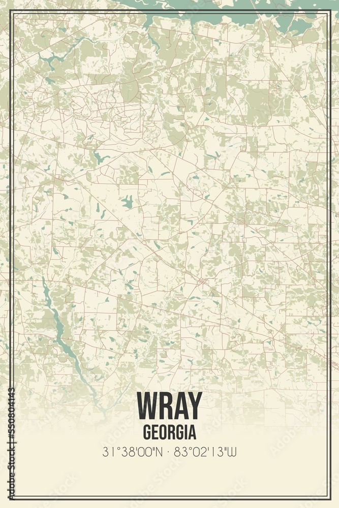 Retro US city map of Wray, Georgia. Vintage street map.