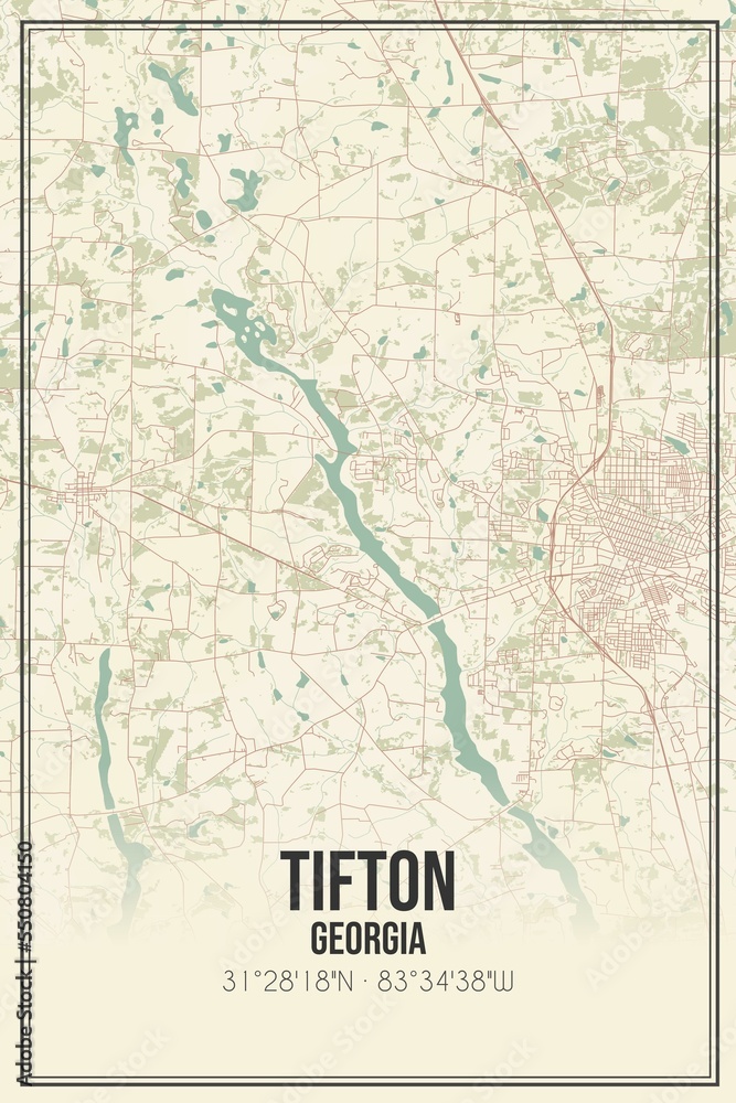 Retro US city map of Tifton, Georgia. Vintage street map.