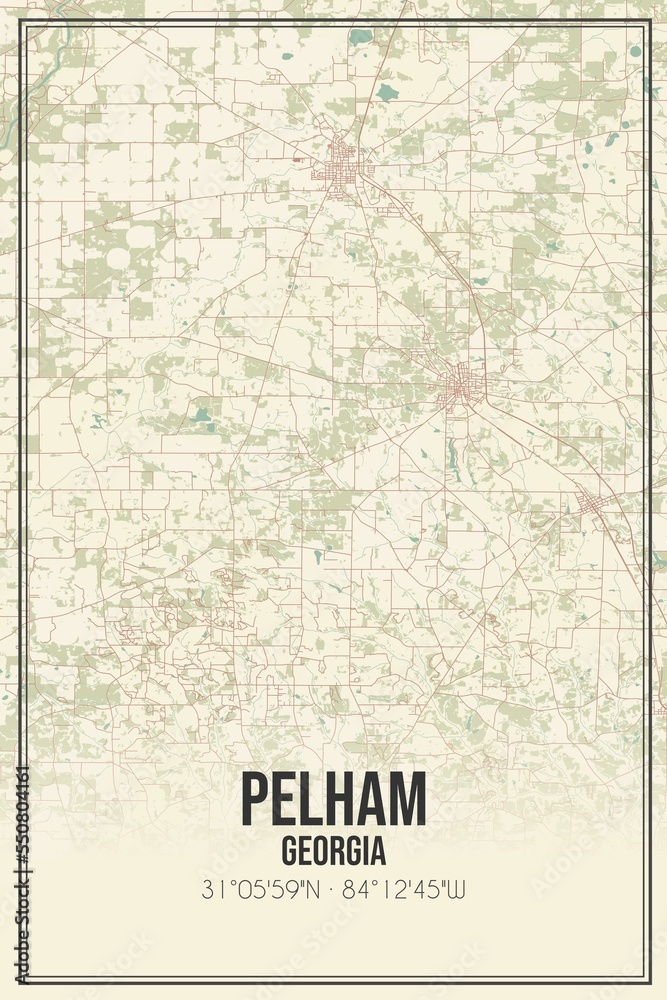 Retro US city map of Pelham, Georgia. Vintage street map.