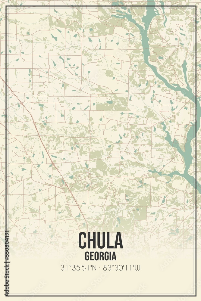 Retro US city map of Chula, Georgia. Vintage street map.