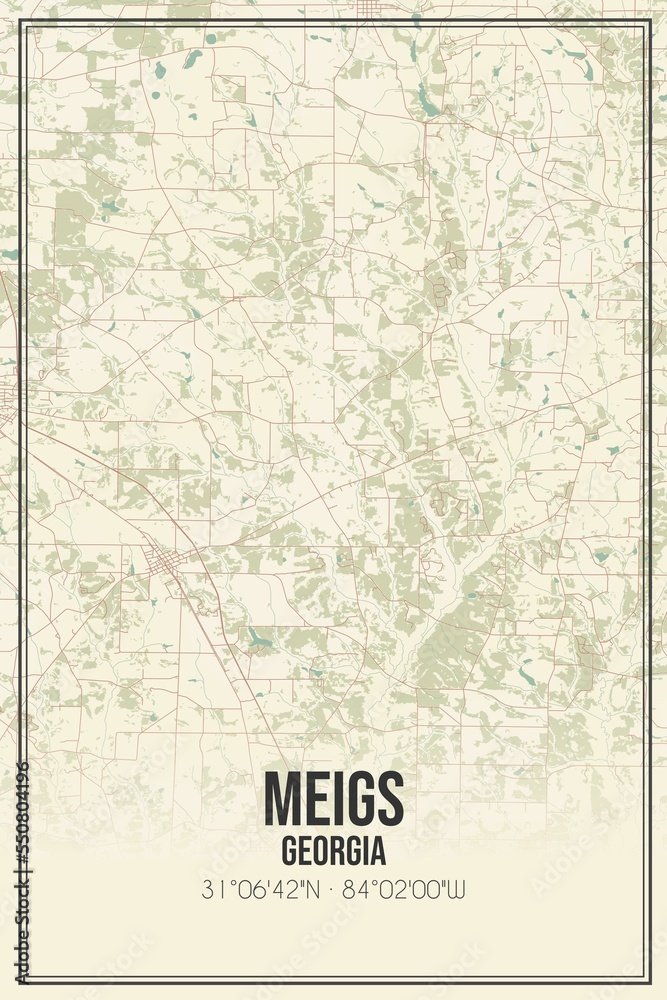 Retro US city map of Meigs, Georgia. Vintage street map.