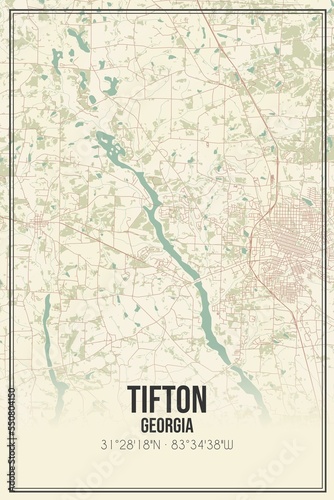 Retro US city map of Tifton  Georgia. Vintage street map.