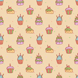 Cute cupcakes and muffins seamless pattern. Flat vector illustration
