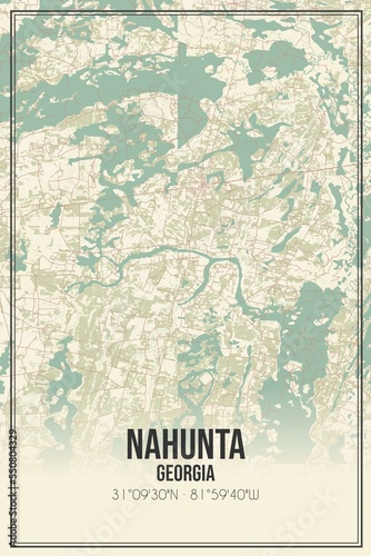 Retro US city map of Nahunta, Georgia. Vintage street map.