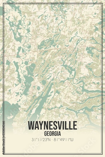 Retro US city map of Waynesville, Georgia. Vintage street map.