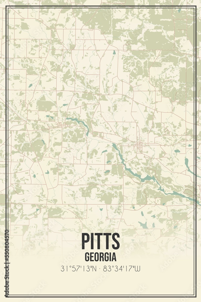 Retro US city map of Pitts, Georgia. Vintage street map.