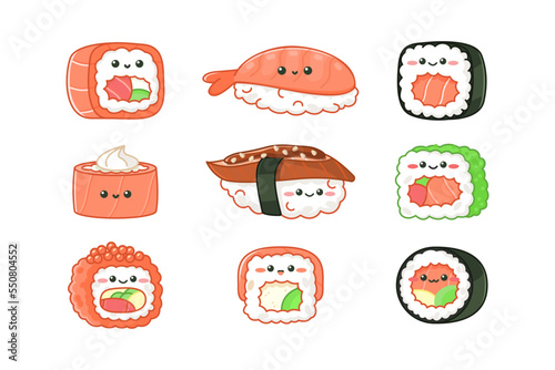 Various kawaii sushi and rolls. Cartoon characters