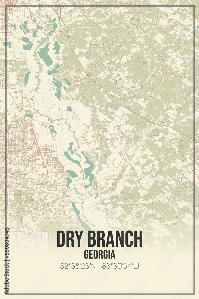 Retro US city map of Dry Branch, Georgia. Vintage street map.