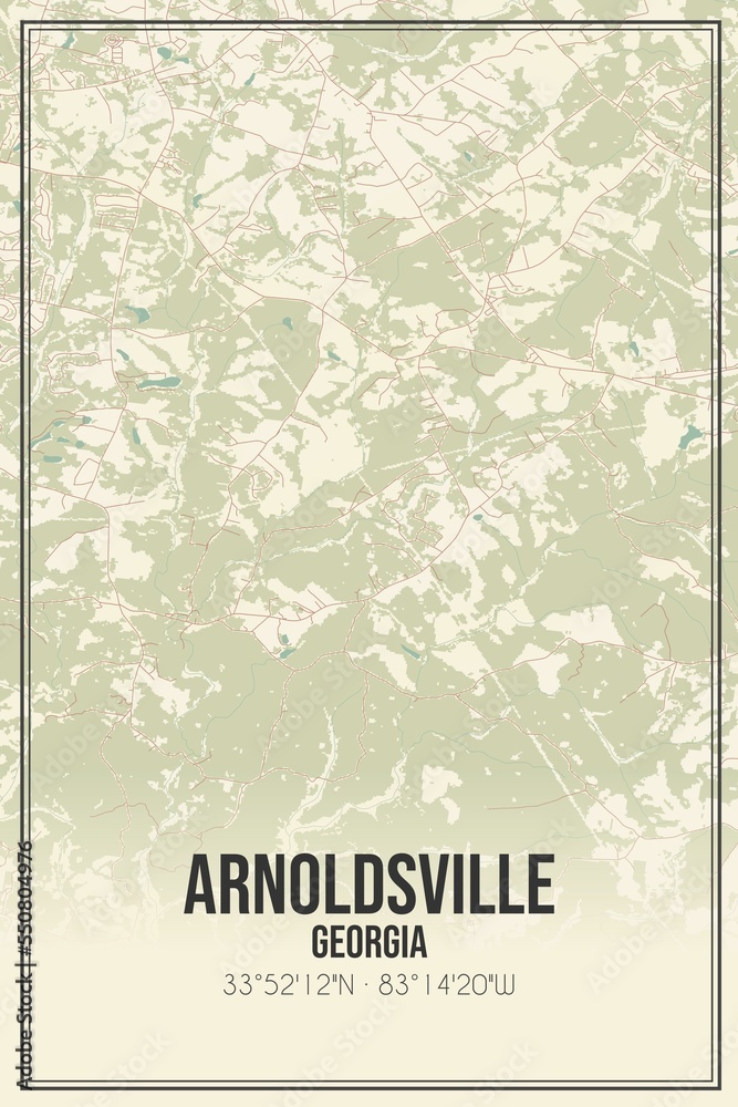 Retro US city map of Arnoldsville, Georgia. Vintage street map.