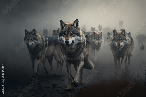 Canvas Print pack of grey wolves, predator in the night, wild hunter, generative ai
