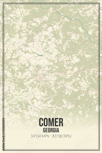 Retro US city map of Comer, Georgia. Vintage street map.