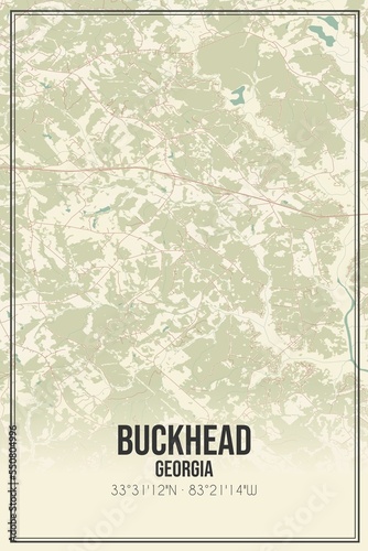 Retro US city map of Buckhead, Georgia. Vintage street map.