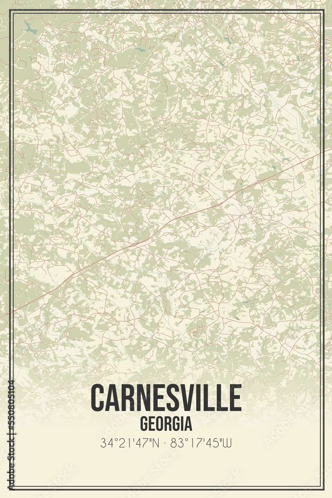 Retro US city map of Carnesville, Georgia. Vintage street map.