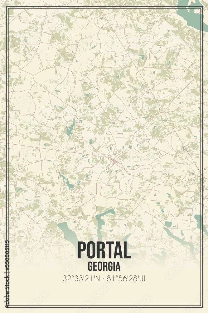 Retro US city map of Portal, Georgia. Vintage street map.