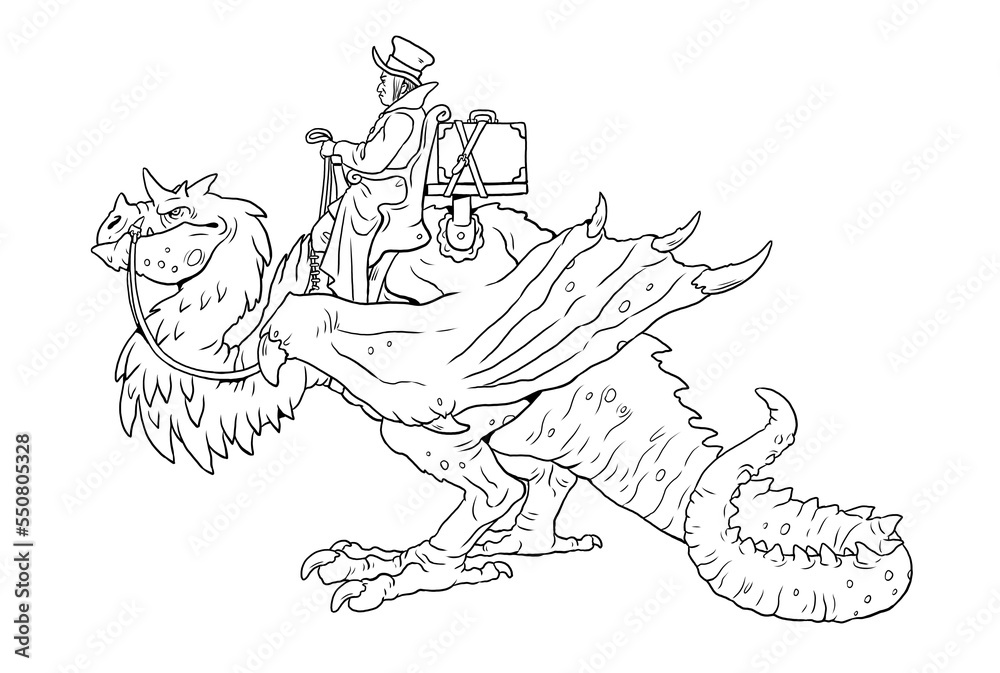 Fototapeta premium Evil magician on big dragon. Coloring page with the magician. Coloring template with wizard.