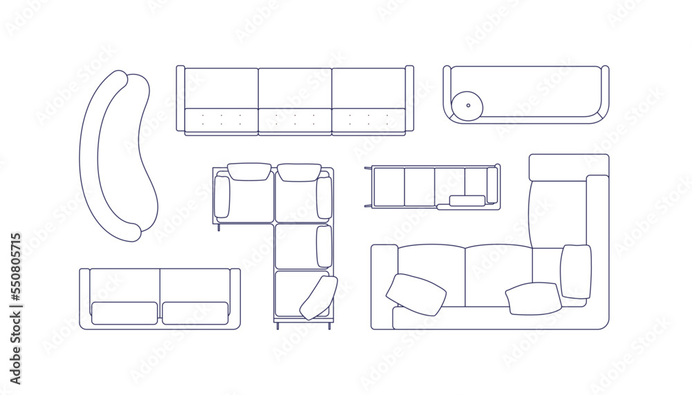 Sofas and couches set, top above view. Lounge furniture designs for