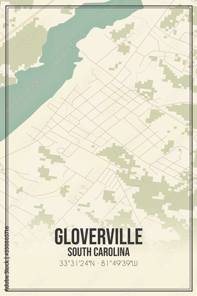 Obraz premium Retro US city map of Gloverville, South Carolina. Vintage street map.