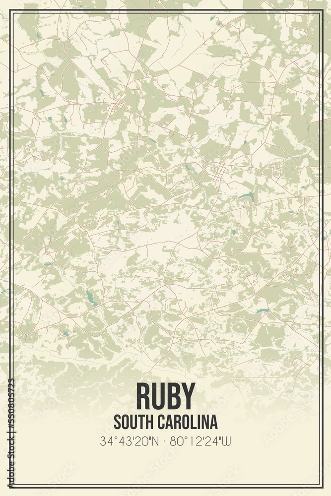 Retro US city map of Ruby, South Carolina. Vintage street map.