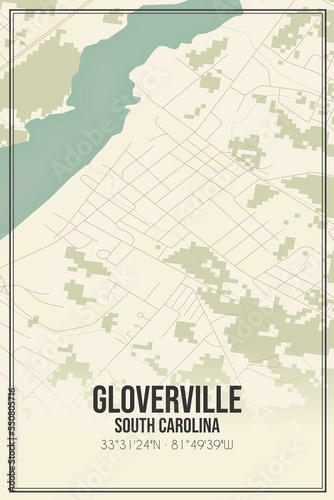 Retro US city map of Gloverville  South Carolina. Vintage street map.