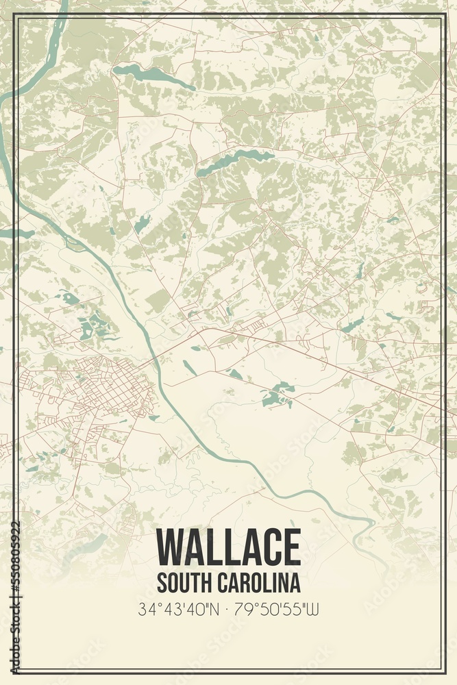 Retro US city map of Wallace, South Carolina. Vintage street map.