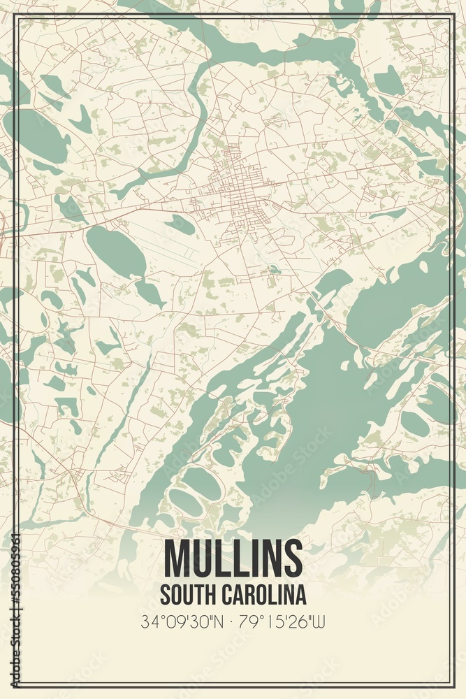 Retro US city map of Mullins, South Carolina. Vintage street map.