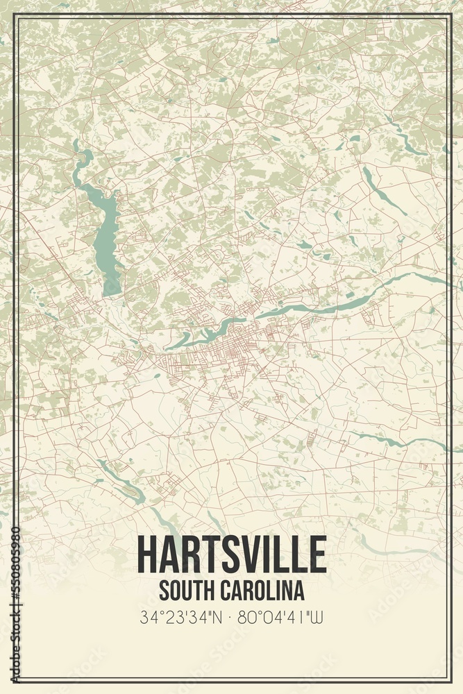 Retro US city map of Hartsville, South Carolina. Vintage street map.