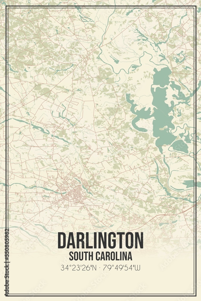Retro US city map of Darlington, South Carolina. Vintage street map.