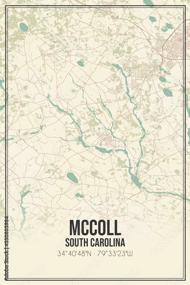 Retro US city map of McColl, South Carolina. Vintage street map.