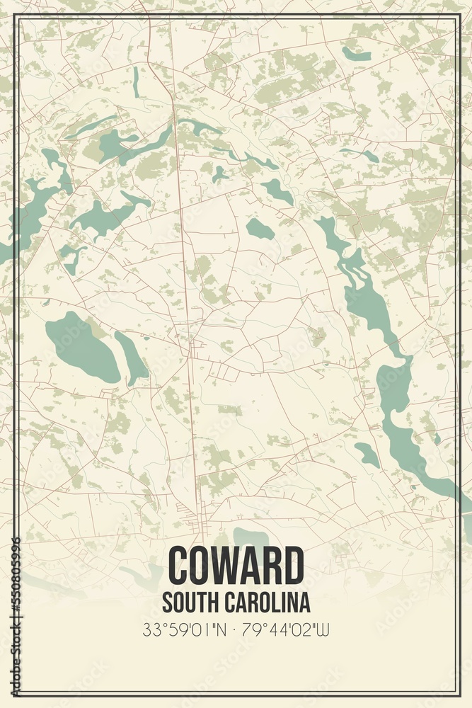 Retro US city map of Coward, South Carolina. Vintage street map.