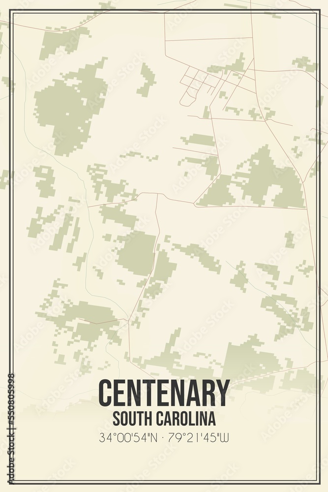 Retro US city map of Centenary, South Carolina. Vintage street map.