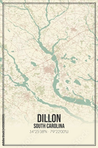 Retro US city map of Dillon, South Carolina. Vintage street map.