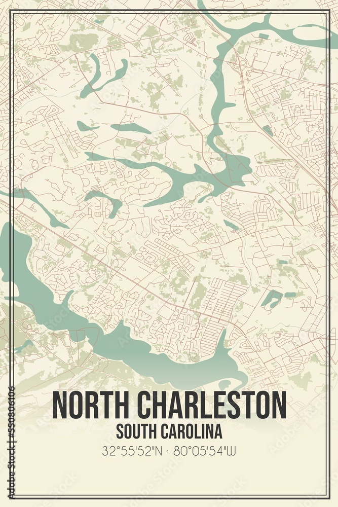 Retro US city map of North Charleston, South Carolina. Vintage street map.