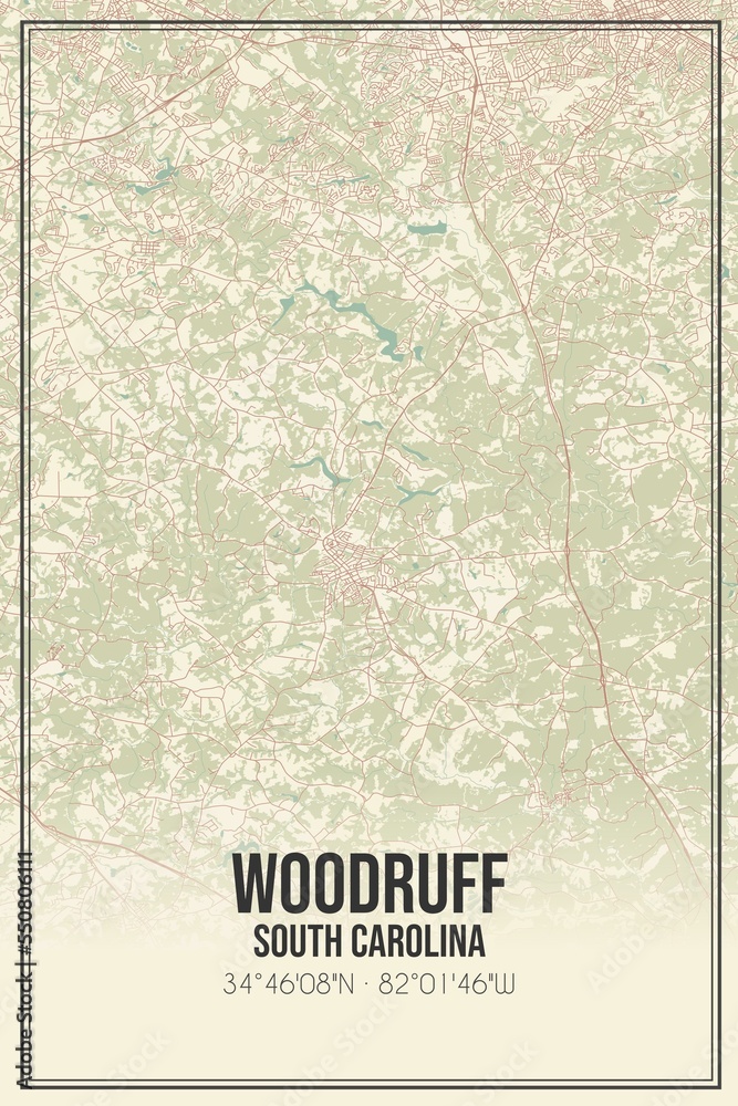 Retro US city map of Woodruff, South Carolina. Vintage street map.