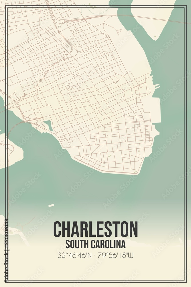 Fototapeta premium Retro US city map of Charleston, South Carolina. Vintage street map.