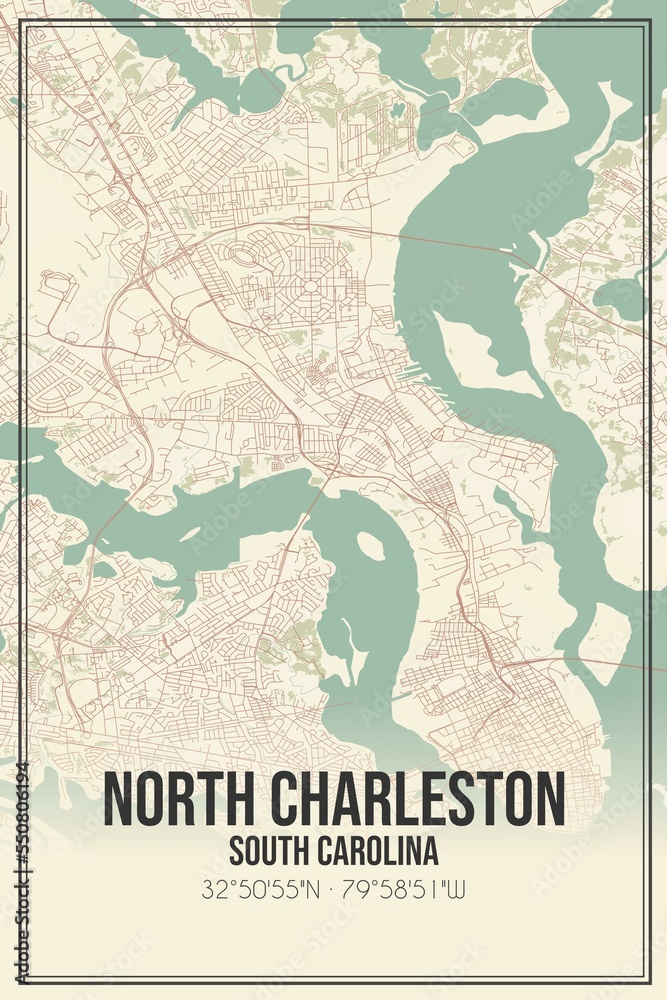 Naklejka premium Retro US city map of North Charleston, South Carolina. Vintage street map.