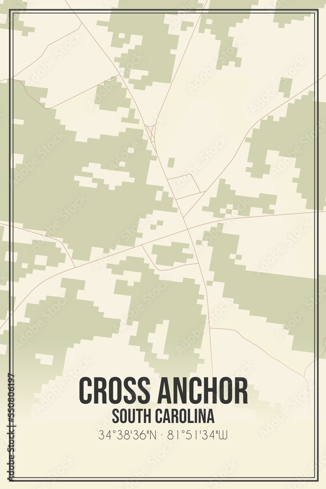 Obraz premium Retro US city map of Cross Anchor, South Carolina. Vintage street map.