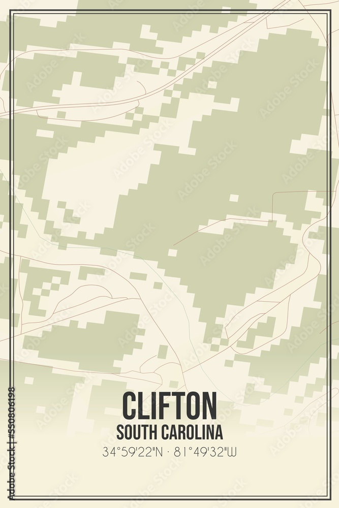 Retro US city map of Clifton, South Carolina. Vintage street map.